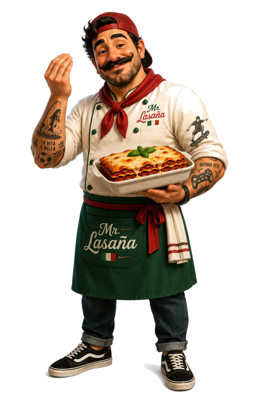 Mr. Lasaña, el personaje de la marca, sosteniendo una charola de lasaña recién horneada